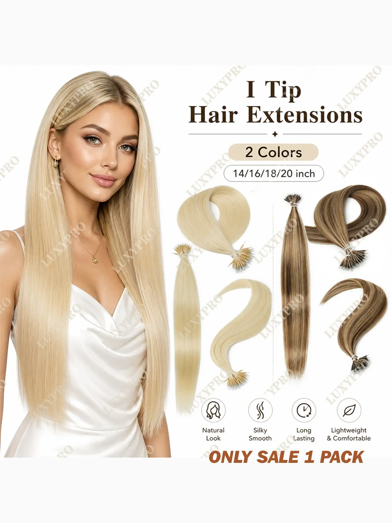 Women's Type I Hair Extensions, Nano Ring Straight Hair Bundles, 14-20 Inches, Keratin Pre-Stuck, Smooth Lightweight, 7Colors