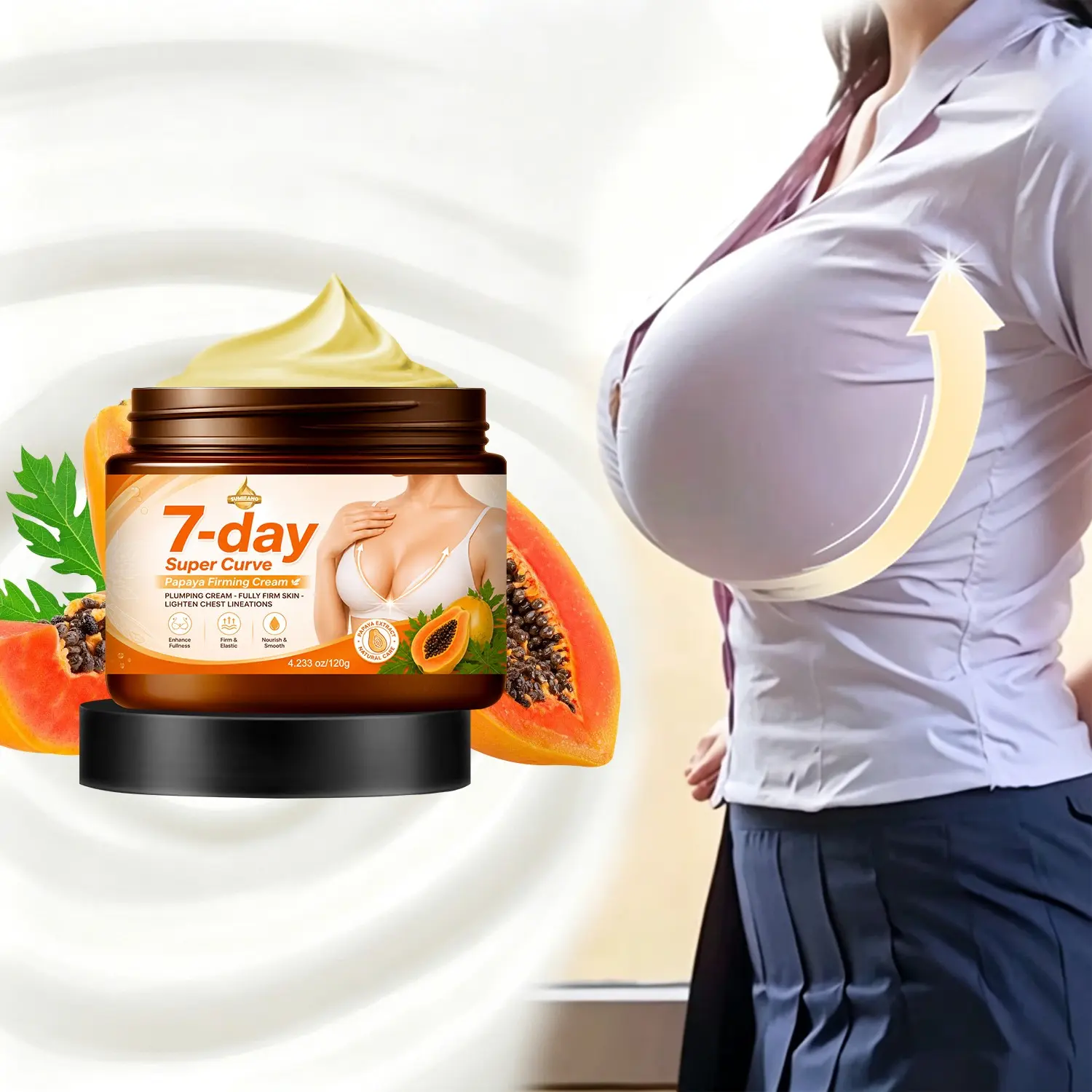 SUMIFANG 7-Day Super Curve Papaya Volumizing, Firming & Moisturizing Cream (120g) – Papaya + Hyaluronic Acid + Shea Butter – Reduces chest lines, deeply nourishes with a plant-based formula, and smooths & firms the chest area.