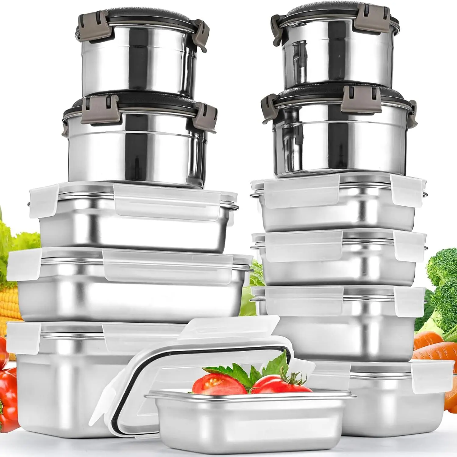 12 count 304 Stainless Steel  Storage Containers with  Leakproof, Meal Prep Container Airtight, Lunch Boxes, Kimchi Containers for  storage Nestable | Oven/Dishwsher/Freezer Safe