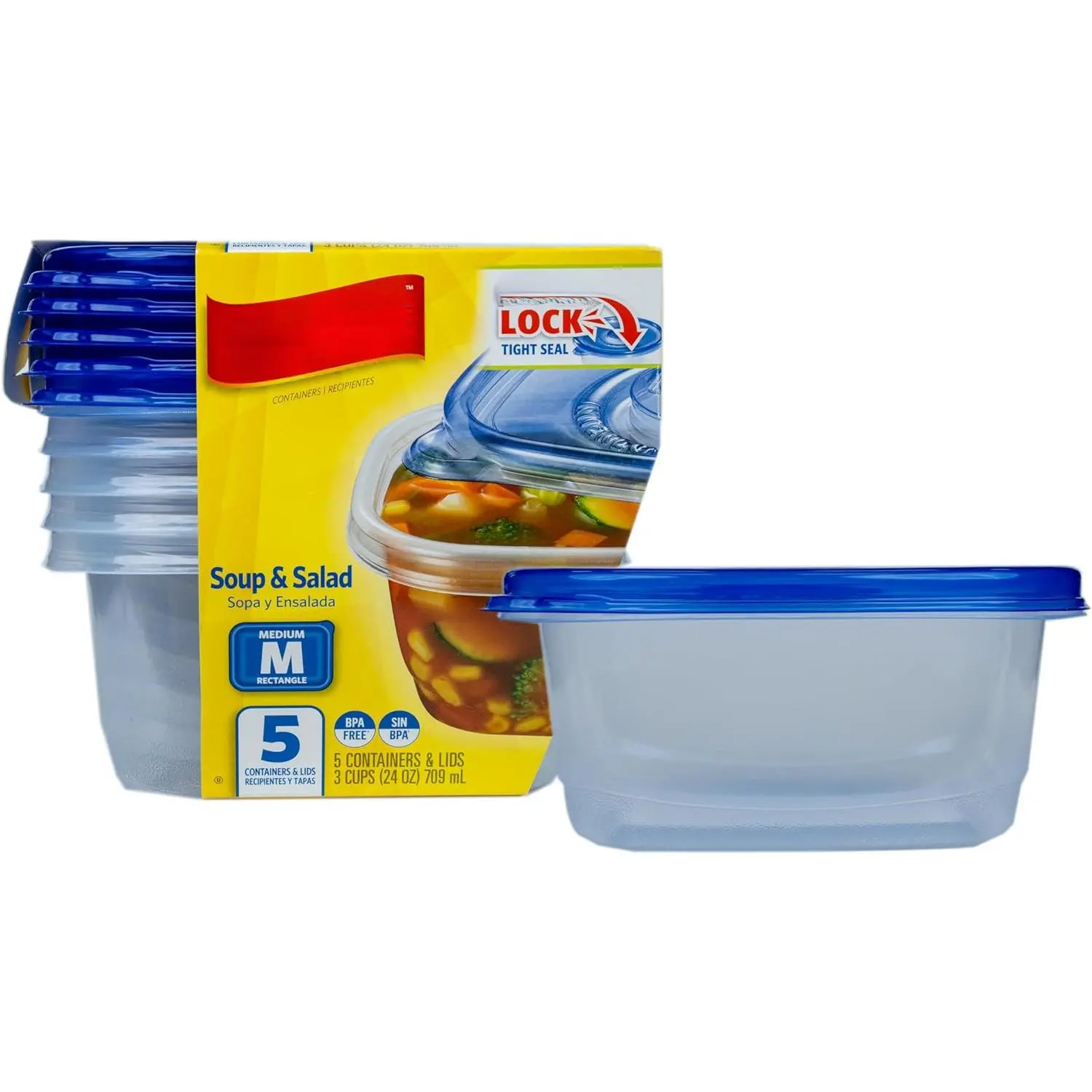 Medium Rectangle Food Storage Containers, 24 Oz, 5 Count| Airtight, leak-resistant containers for soups, salads, and meal prep; microwave, dishwasher, and freezer safe