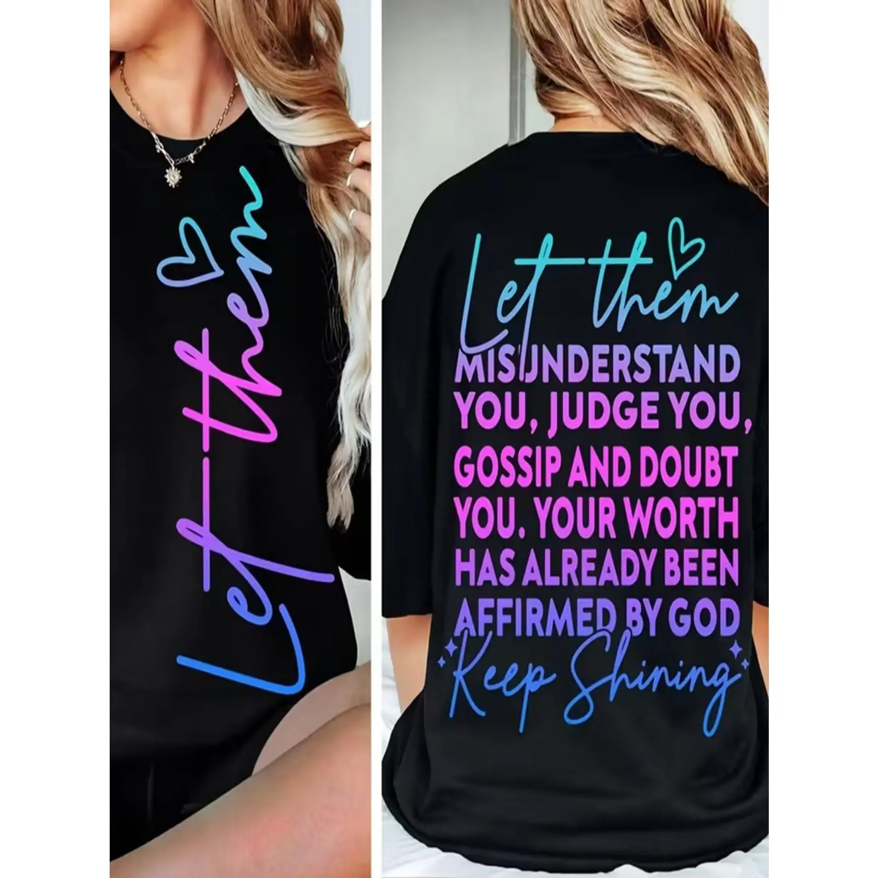 Elegant Women's Shirt, Crew Neck Short Sleeve Casual Top, Front Vertical Gradient Let Them Letter Back Full Let Them Misunderstand You God Affirmation Faith Graphic Tee,tshirts for women,summer graphic tees