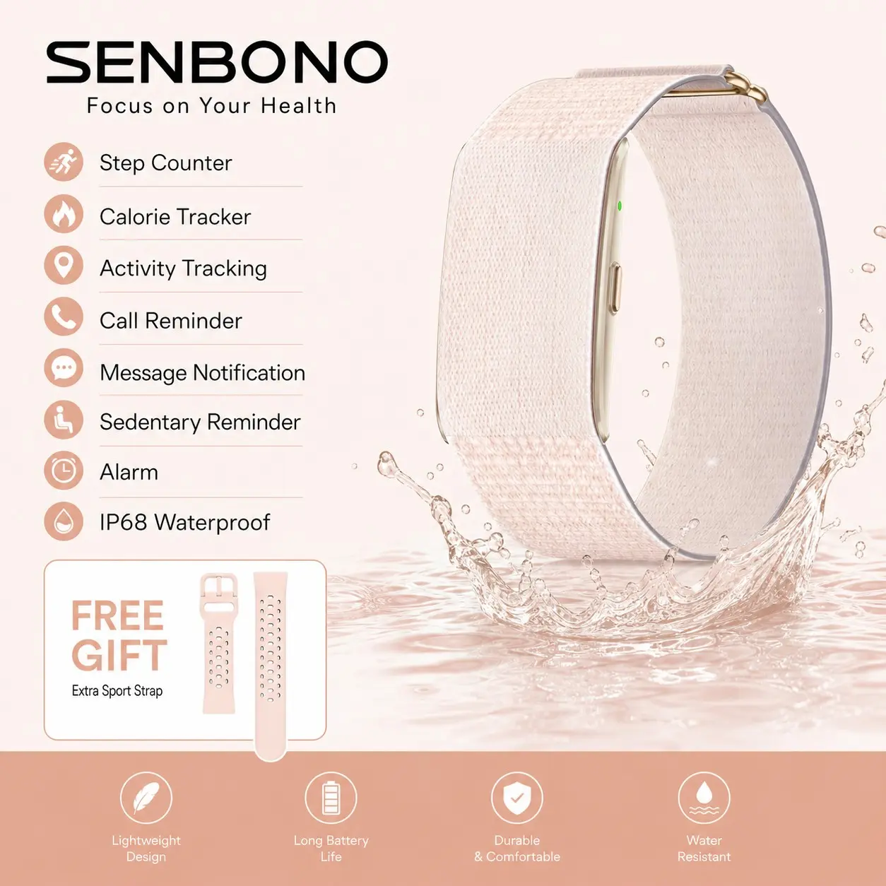SENBONO Smart Health Band, Step Counter, Calorie Tracker, Real-Time Distance Display, Sleep Pressure Hrv Monitoring, Long Battery Life, Fitness Tracker, Pedometers