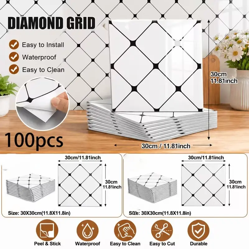 100pcs Self-Adhesive Waterproof Wall Tiles, Marble Pattern, 11.8x11.8 Inches, Bathroom Splash Guard, Kitchen PVC Wall Panels, Peel and Stick Wallpaper for Bathroom