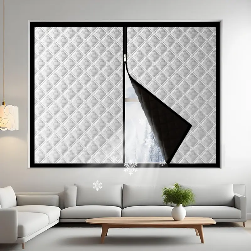 Zippered Thick Thermal Window Curtain, Self-Adhesive No-Drill Draft-Blocking Insulated Window Cover for Light and Noise Reduction, Bedroom, Living Room & Balcony