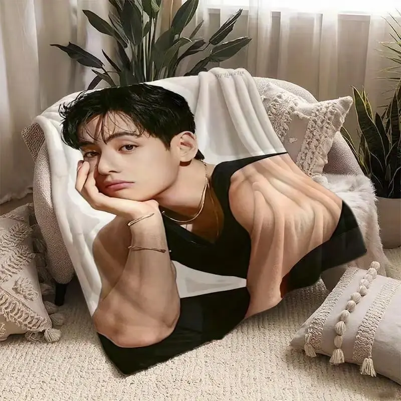 Prime Day Deal K-Pop V Black Tank Top Portrait Flannel Throw Blanket, Modern Digital Printed Soft Funny Blanket, All-Season for Sofa Office Travel, Multi-Holiday Gift, 4th of July Gift