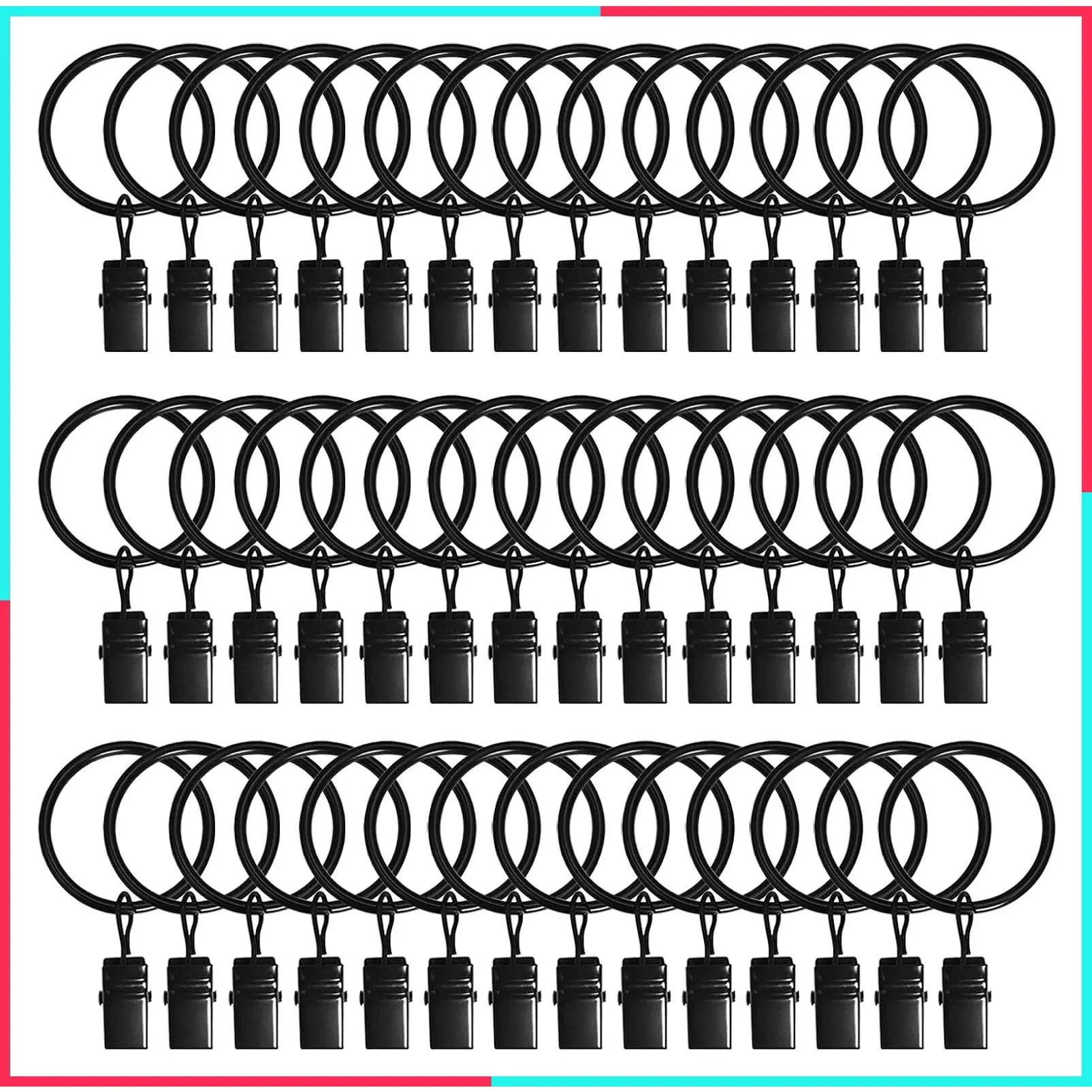 42 Pack Curtain Rings with Clips, 1.26" Interior Diameter, Metal Drapery Rings Compatible with up to 1 Inch Rod, Strong Vintage Decorative Rustproof with Hooks, Black