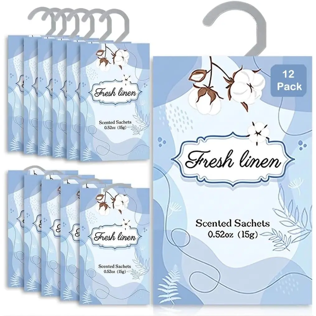 12 Packs Fresh Linen Hanging Scented Sachets for Drawers and Closets with Retractable Hook| Long-Lasting Closet Air Freshener & Closet Deodorizer | Closet Scent Freshener (Fresh Linen)Gift.