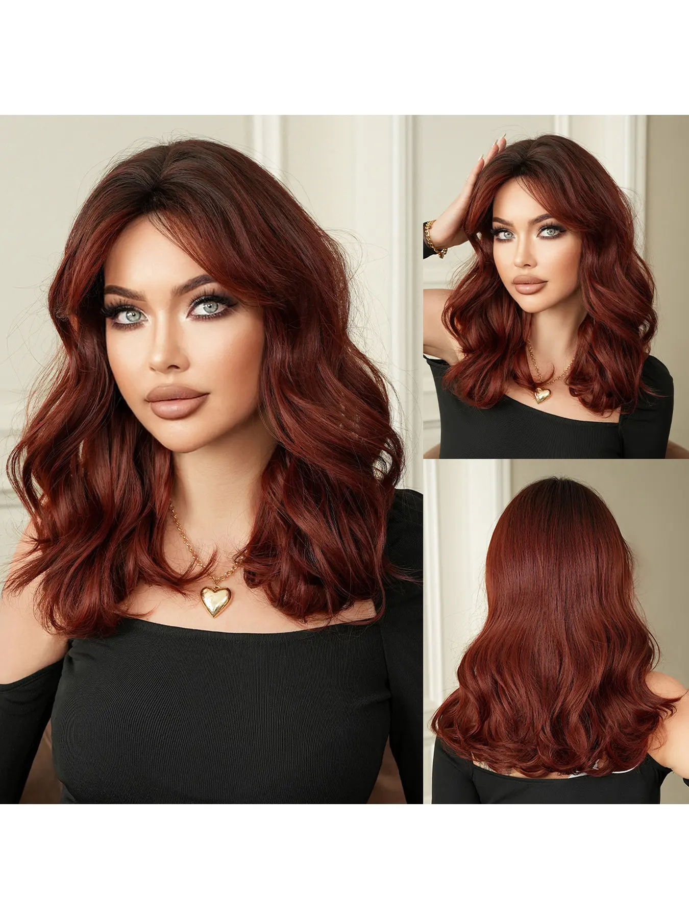 Raspberry Red Full Lace Wig for Women Medium Length Curly Wavy Hair with Natural Hairline Center Part and Face Framing Bangs Realistic Lightweight Comfortable Fit