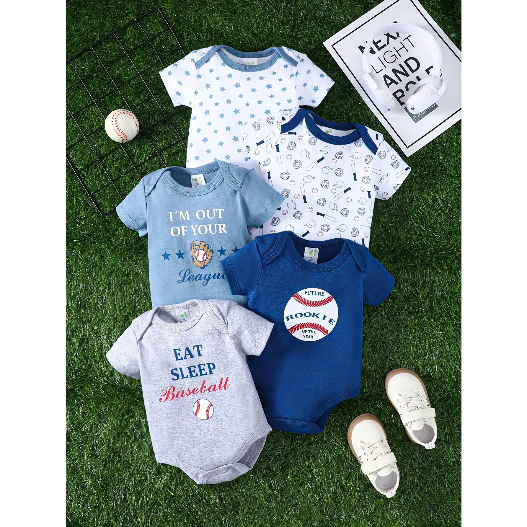 Baby Boys' Rompers 5-Pack, Pure Cotton Baseball Theme Short-Sleeve Onesies, All-Season Boys' Wear Playwear with Snap Buttons, Pure Cotton Clothing, Baby Boy