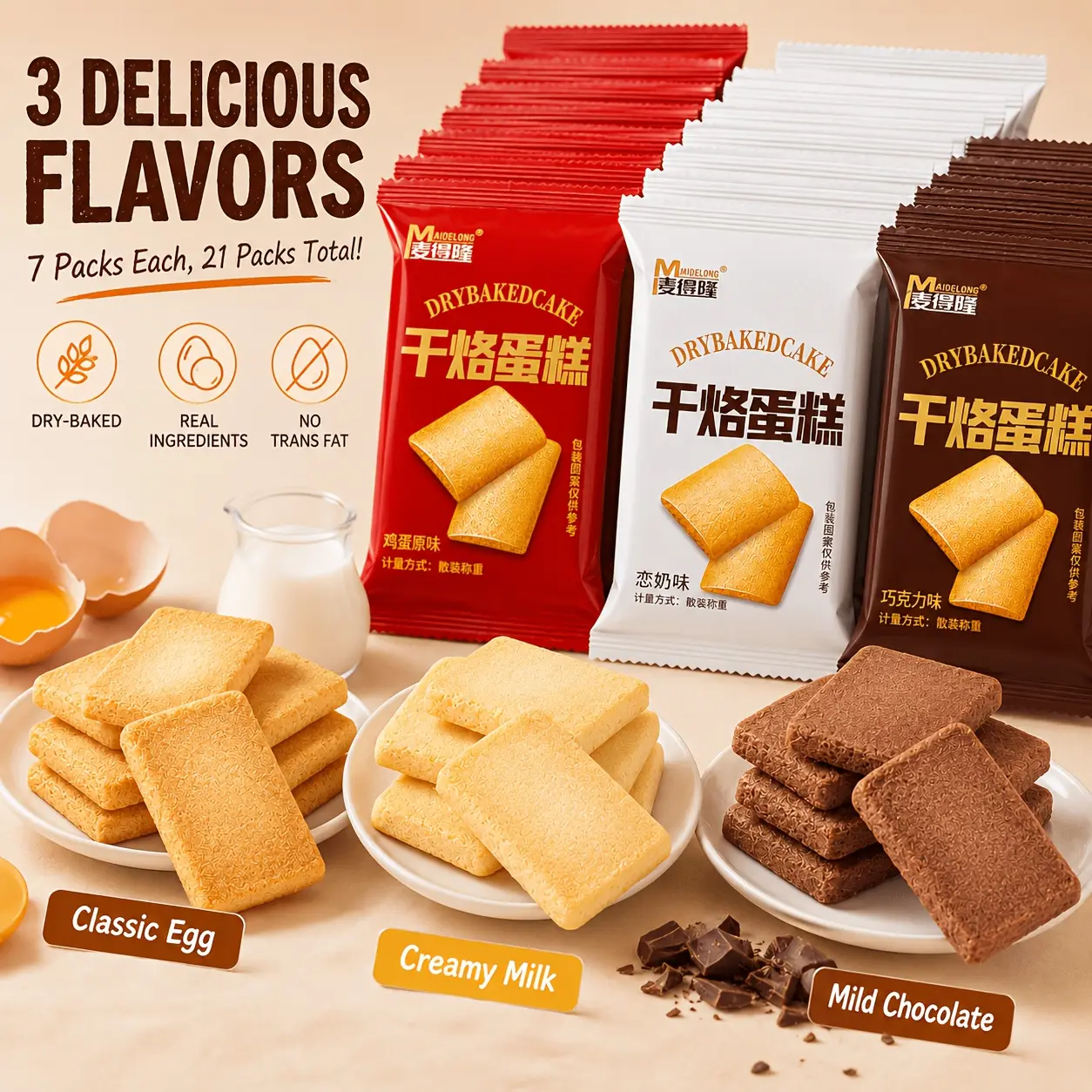 A total of 21 individually sealed packets, three flavors of dry-baked crispy cake biscuits, individually packaged crispy casual snacks, egg original/milk love/chocolate dry-baked desserts, no trans fat natural raw materials, light and crispy biscuits