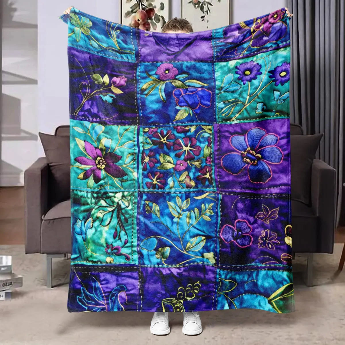1pc Blue & Purple Patchwork Chinese Hand Embroidered Floral Patchwork Vintage Fleece Blanket, square spliced satin fabric, three-dimensional thread embroidery of peonies, daisies, winding branches leaves and butterflies, rich ethnic style intangible cultu
