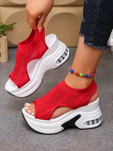 Women's Sporty Breathable Hollow Knit Wedge Sandals, Open Toe with Air Cushion Platform, Arch Support & Soft Sole, All-Day Comfort Walking Shoes for Long Hours, Casual Wear, Travel, Outdoor, Lightweight Footwear