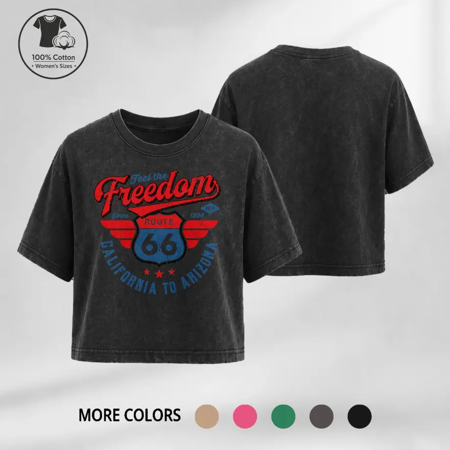 Women’s Vintage Logo Graphic Acid-Wash Solid Crew Neck Short-Sleeve Cropped T-Shirt - Slim-Fit, Garment-Washed, Lightweight Breathable Cotton Top for Daily & Casual Summer Streetwear Basics
