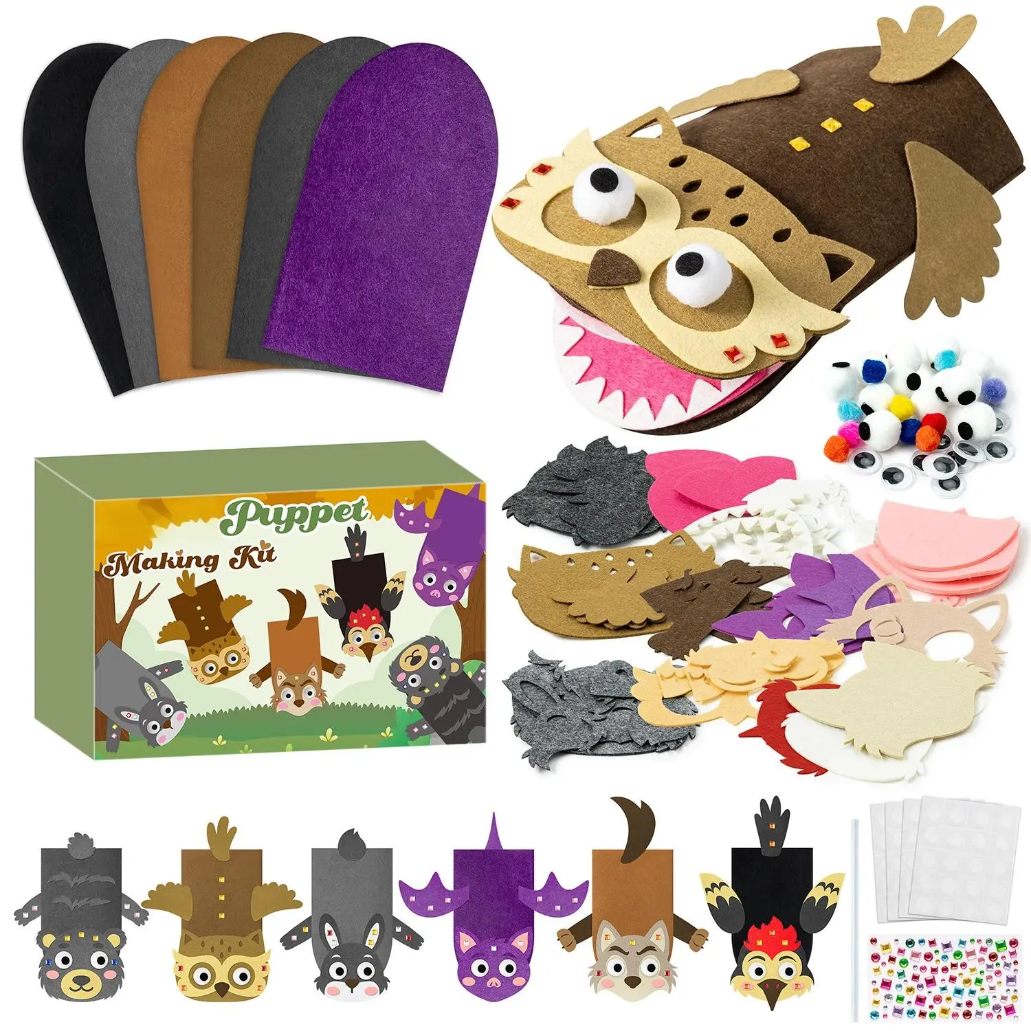 DIY Animals Hand Puppet Gift Box Crafting Kit, Create Woodland & Dinosaur Puppets, Perfect for Fall, Thanksgiving, Christmas, New Year, Back to School