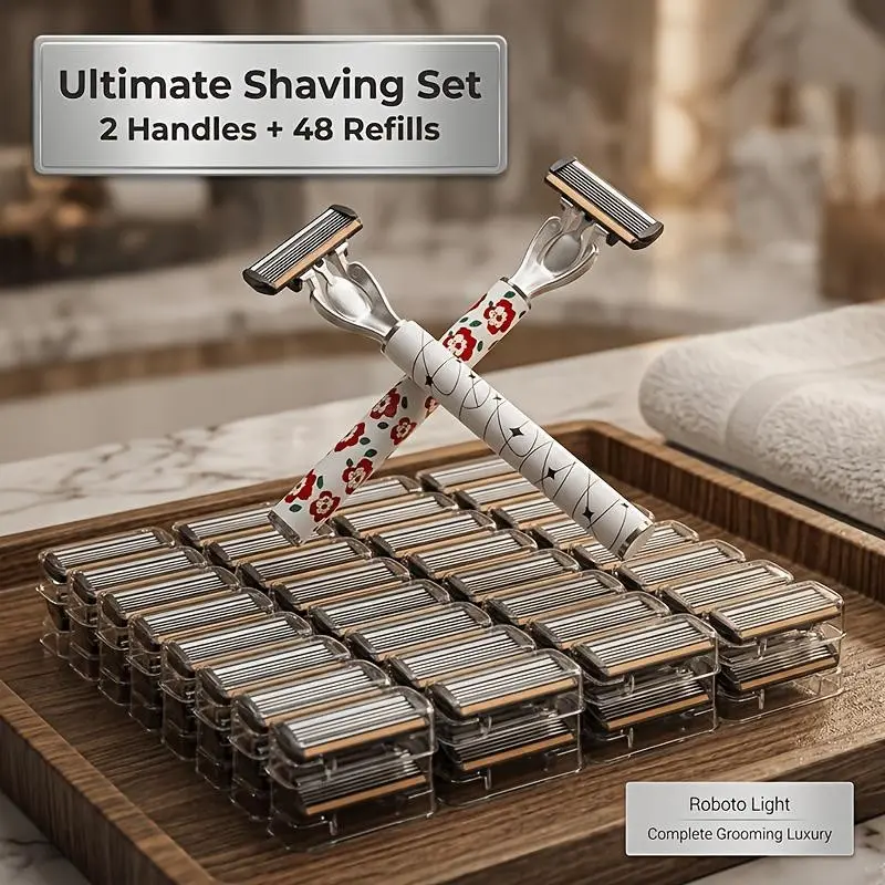 Six-Blade Shaving Set, 2 Premium Handles, 48 Replacement Blades, Smooth Shave, Ergonomic Non-Slip Handle, Durable Sharp Blades, Daily & Travel Use, Replaceable Blades