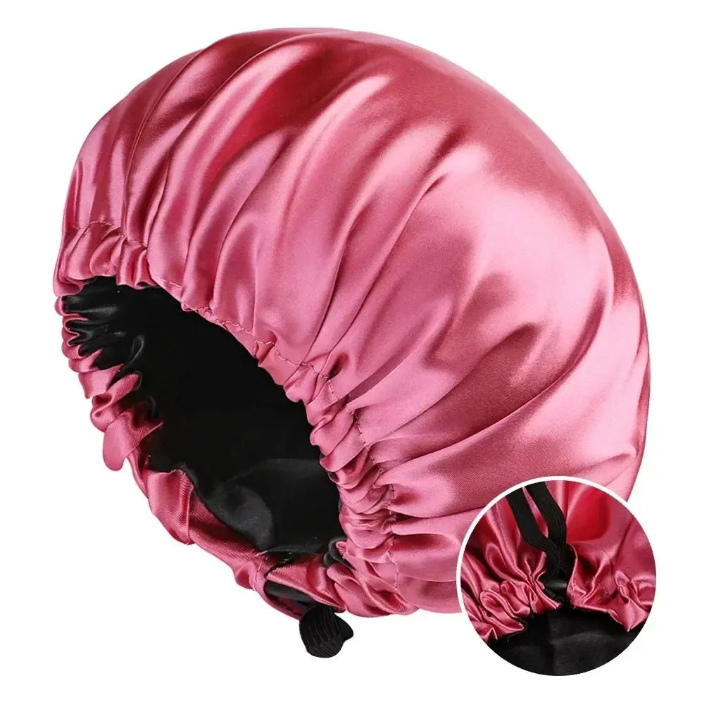 Women's Adjustable Double Layer Satin Bonnet - Black Waterproof Polyester Shower Cap with Solid Black Lining, for Hair Protection, Chemotherapy, Beach, Beauty Salon, 4 Seasons, Long Curly/Natural Hair Night Sleep Use