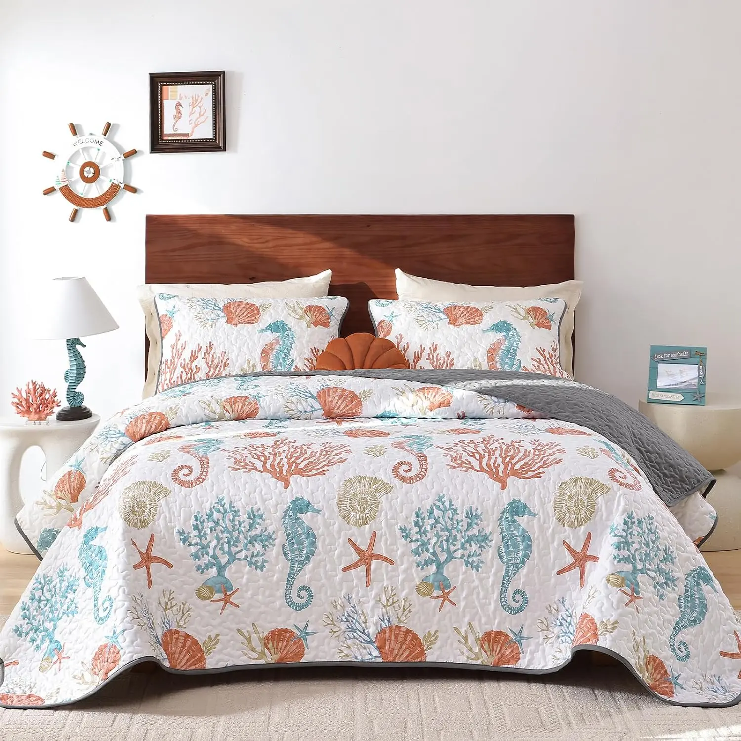 Coastal Quilt Set  Size, 3 count Summer Orange Beach Theme Bedding Set with Pillowcases Reversible Microfiber  Comforter Set Nautical Lightweight Bedspread Coverlet Set for
