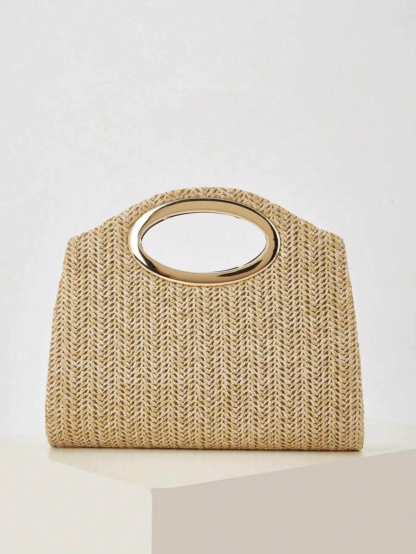 Summer Beach Handbag, Metal Ring Straw Basket Bag, Perfect for Summer Travel, Stylish and Practical, Ideal for Beach Outing