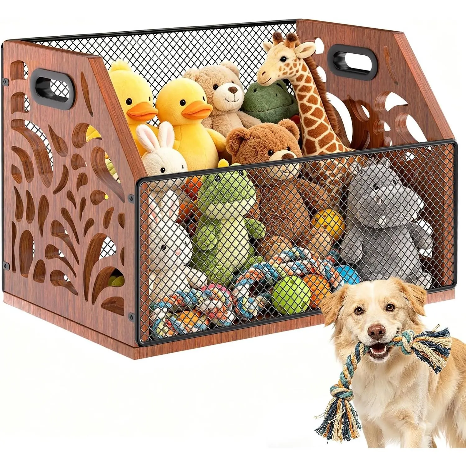 Dog Toy Basket, Chew-Proof Dog Toy Box, Wooden & Metal Pet Toy Storage Organizer, Spacious Toy Storage Bin for Pet Toys, Treats & Home Supplies, Toy Box for Living Room