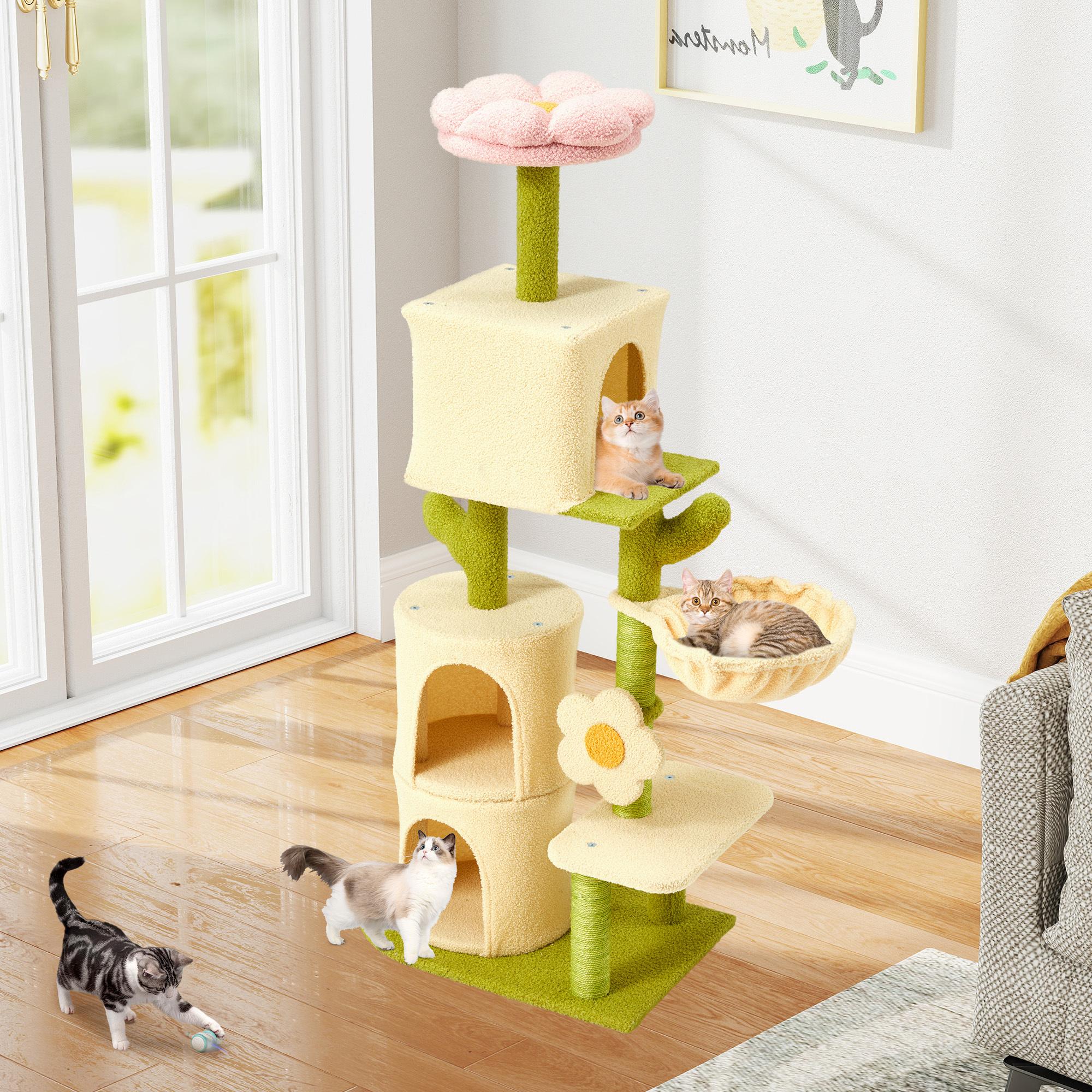 69" Multi-Level Cat Tree Tower, Cute Cat Tree for Indoor Cats, Tall Cat Climbing Tower with Scratching Posts, Cat Condo & Cat Bed, Stylish Cat Furniture, Green & Yellow 69" Multi-Level Cat Tree Tower, Cute Cat Tree for Indoor Cats, Tall Cat Climbing Tower with Scratching Posts, Cat Condo & Cat Bed, Stylish Cat Furniture, Green & Yellow