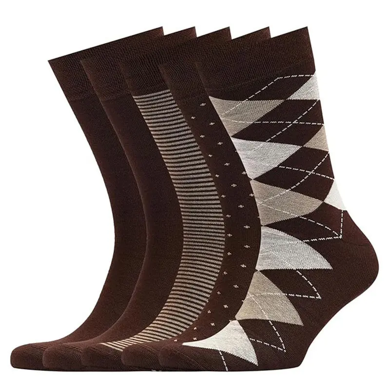 5 Pairs Men's Dress Socks, Business Crew Socks with Argyle Stripe Dot Patterns, Soft Stretchy Breathable Mid-Calf Socks for Office Work Wedding, Classic Brown Formal Socks Gift Pack