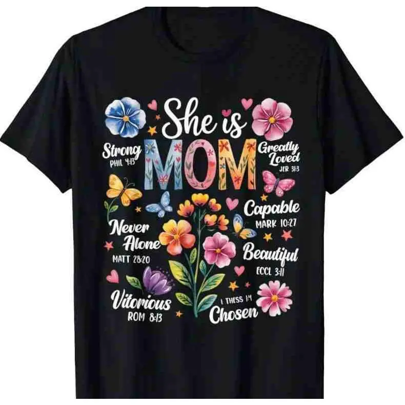 She Is MOM Christian T-Shirt,Bible Verse Floral Tee,Religious Gift for Mom,Strong Capable Chosen Shirt,Strong Mom Affirmation Apparel