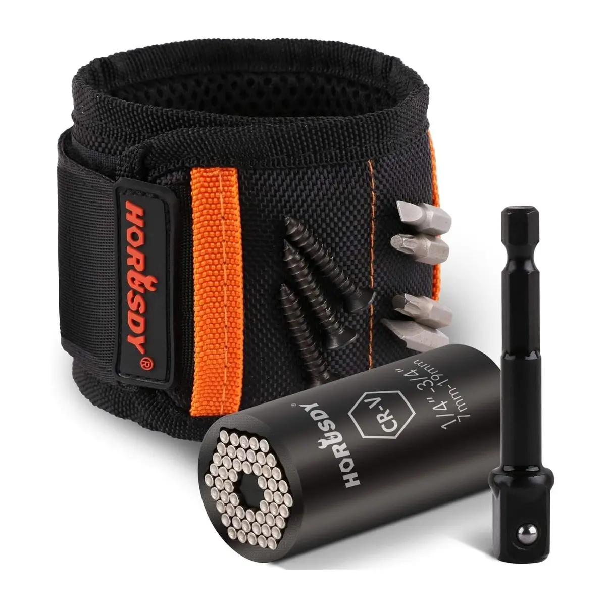 Magnetic Wristband and Universal Socket Grip (7-19MM, Strong Magnets for Holding Screws, Nails, Drilling Bits, DIY Tool Gift for Men