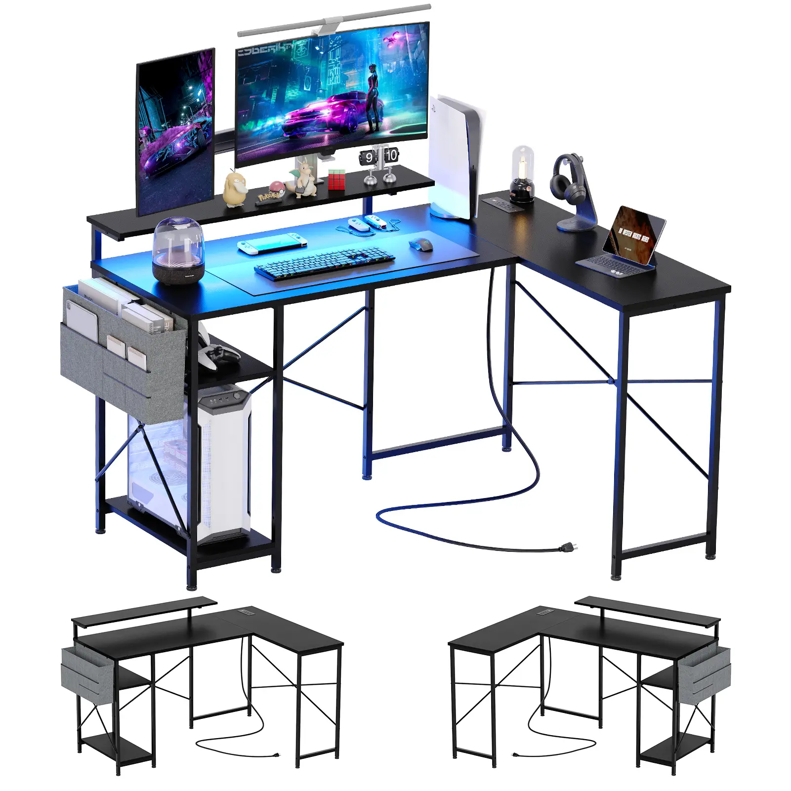 L-Shaped Gaming Desk with Power Outlet & LED Light, Ergonomic Design, Adjustable Monitor Stand, Reversible Corner Desk