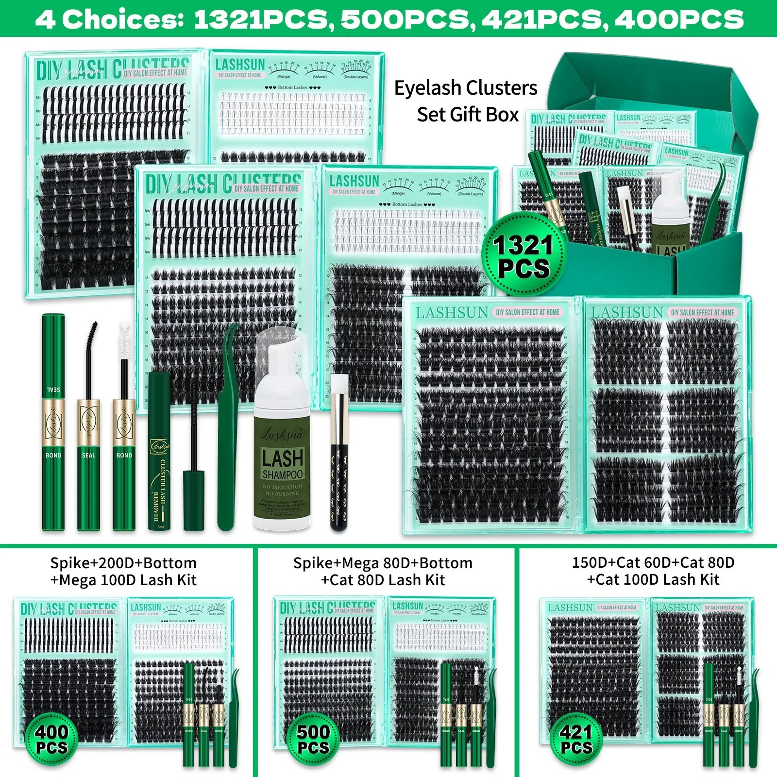 Multiple options: 1321/500/421/400 Pcs Eyelash Cluster Kit, D Curl Mixed 5-21mm 9 Styles Bottom/Spike/Mega/Cat/Volume Thick 3D Multi-Layered Lashes, Kit with Bond&Seal Remover Tweezers Lash Shampoo Brush, DIY at Home Easily, Easy Apply for Makeup Daily