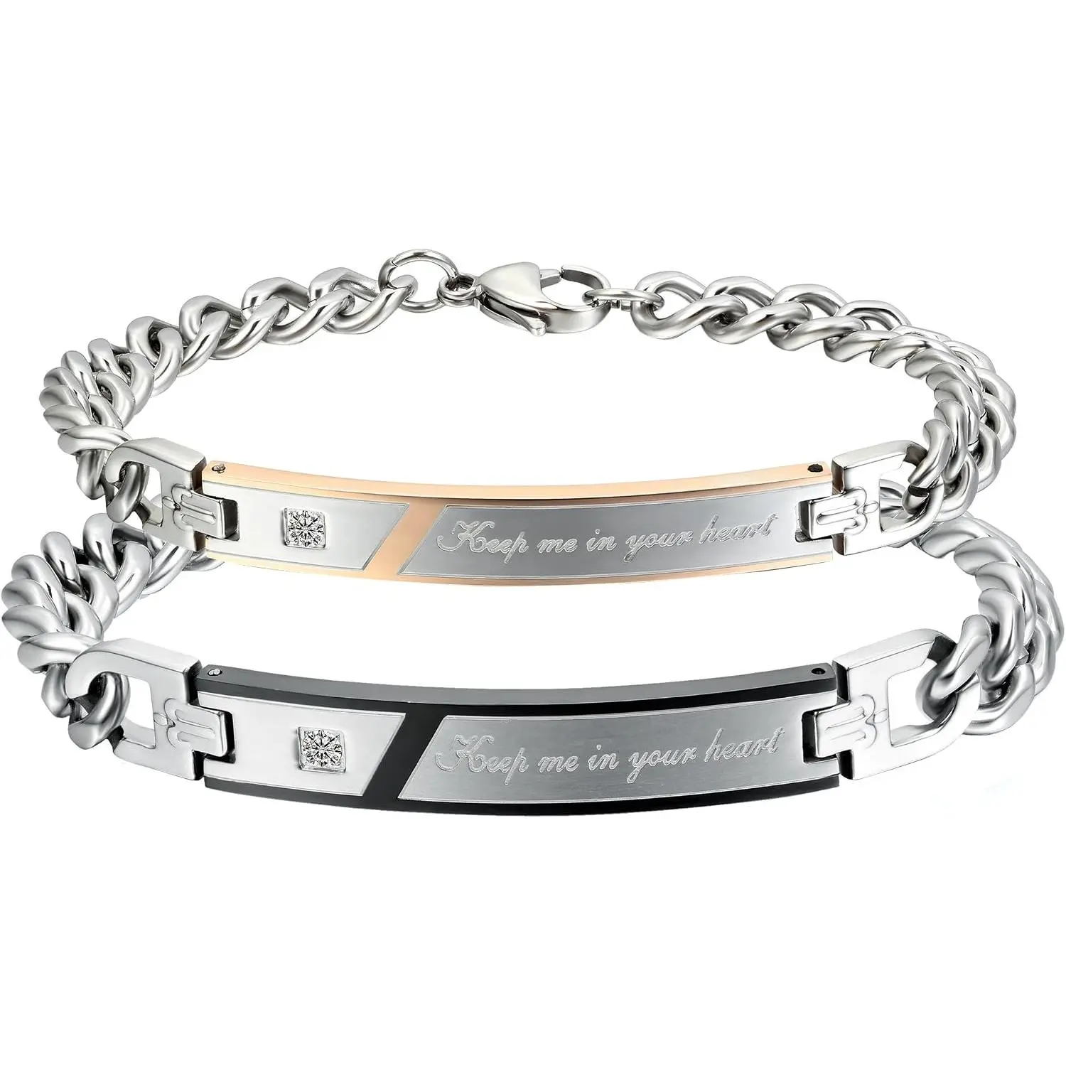 2 count Matching Couples Bracelet - Stainless Steel Keep Me in Your Heart Engraved ID Bracelets, Adjustable His & Her Love   for Valentine's Day, Anniversary