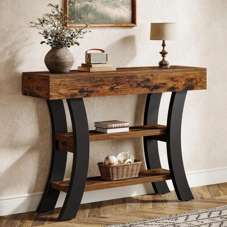 41" Small Console Table Entryway, 3-Tier Rustic Sofa Table With Storage Shelves And Curved Frame Living Room, Entry, Hallway, Foyer, Rustic Brown