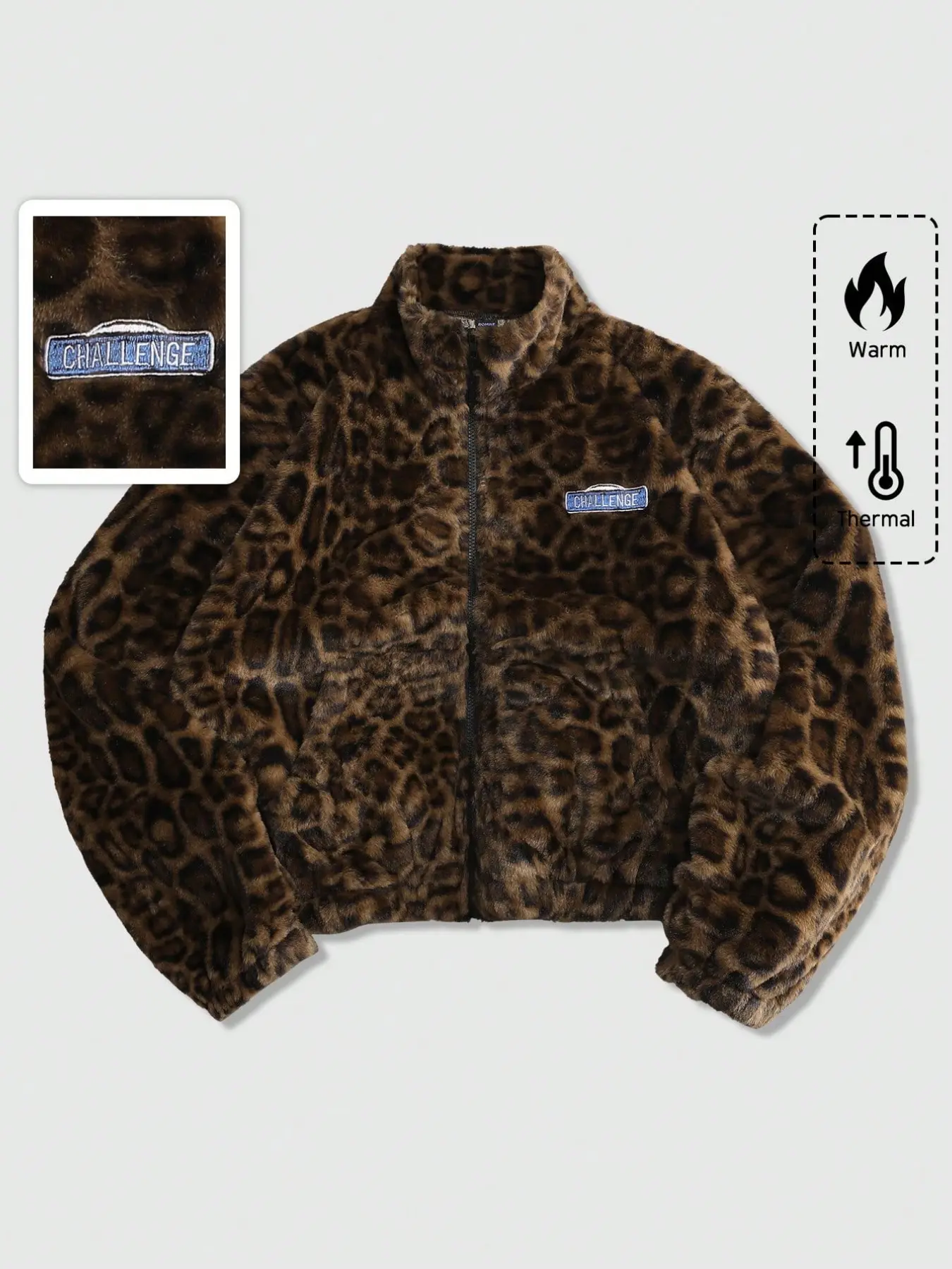Y2K Vintage Leopard Fuzzy Plush Cropped Jacket, Thick Thermal Warm Stand Collar Zip Up Faux Fur Outerwear, Embroidered Badge Loose Fit Long Sleeve Coat, Casual Trendy Streetwear for Fall Winter Daily OOTD Party Going Out
