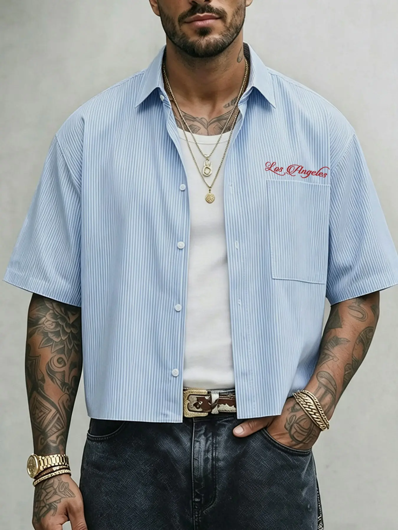 Cropped Short Sleeve Striped Shirt, Minimalist Urban Style, Lapel Chest Pocket Loose Fit, For Men Daily Commute Street Casual Wear
