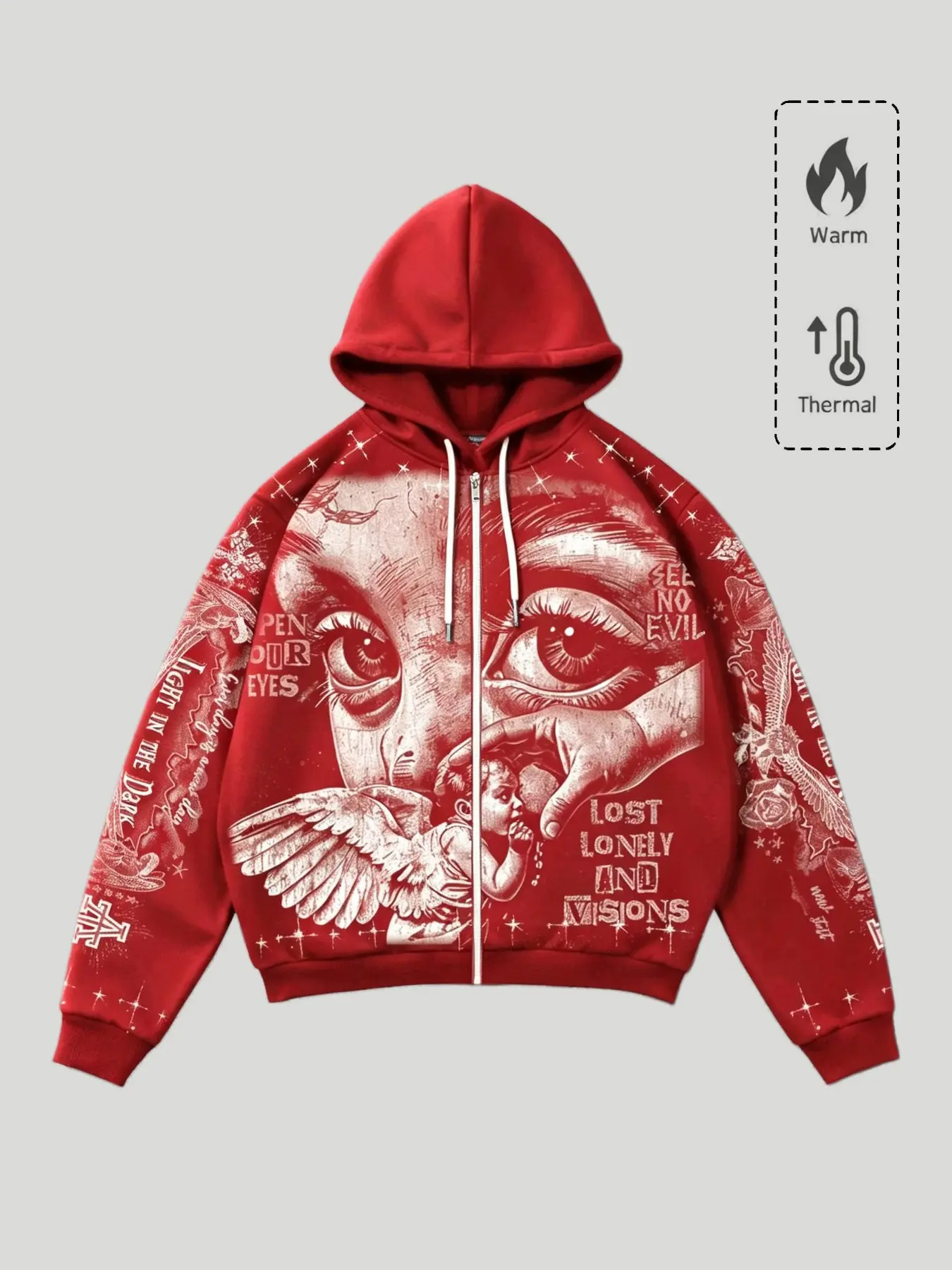 Unisex Vintage Angel Portrait Full Zip Up Hoodie | Oversized Streetwear Graphic Sweatshirt Jacket | Heavyweight Fall Winter Casual Outerwear for Men & Women