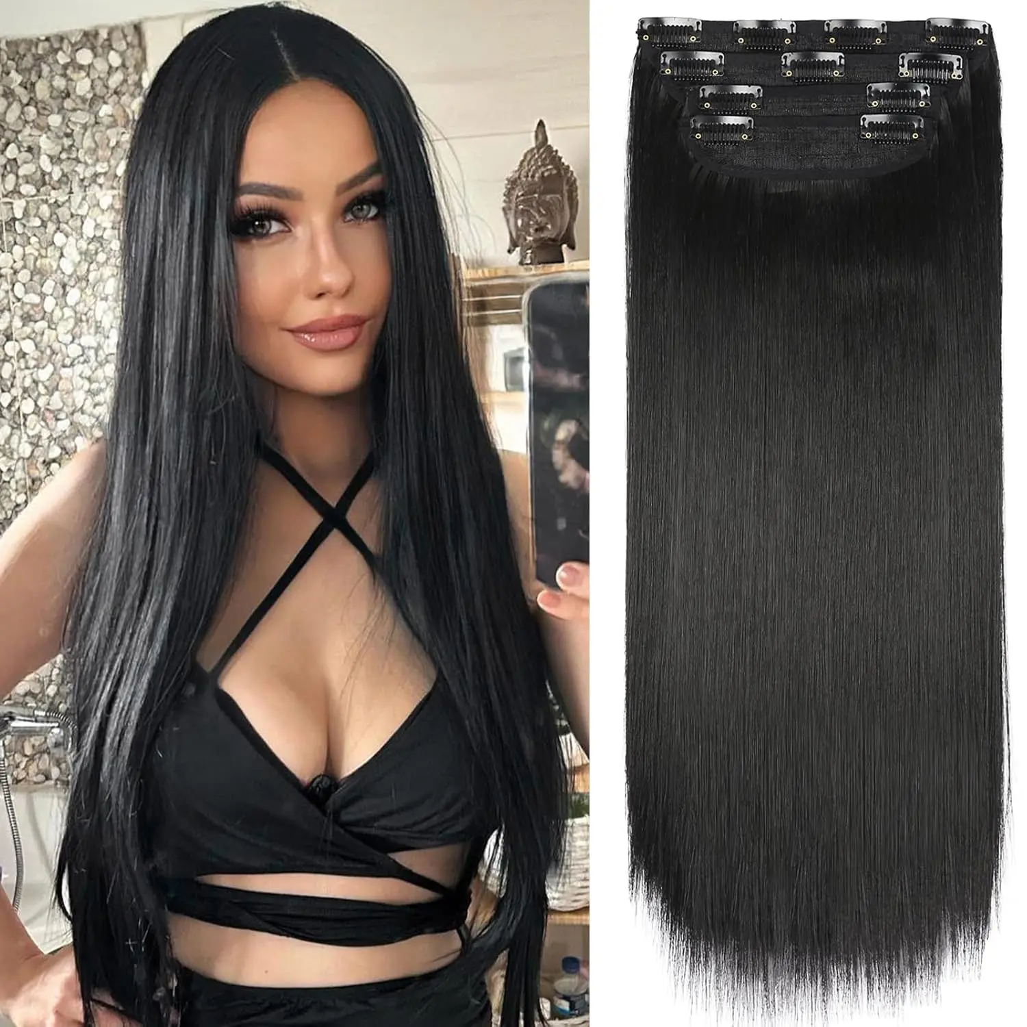 Straight Synthetic Clip In Hair Extensions for Women, 20-Inch Soft and Thick 4-Piece Set, Natural Black (#1B), Artificial Hair Extension, Clip Hair Extensions