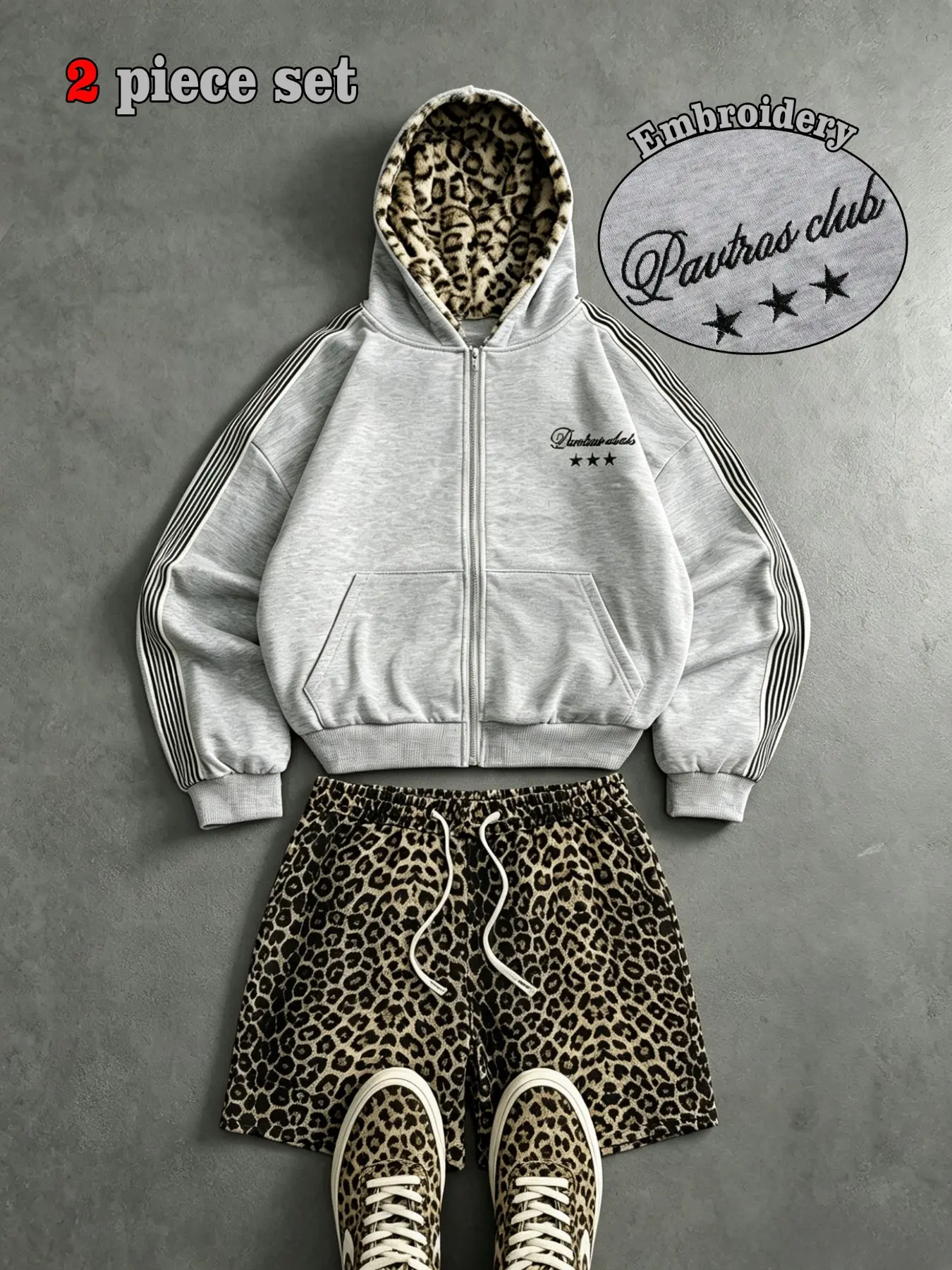 Unisex Two-Piece Set, Striped Zipper Hoodie + Leopard Print Drawstring Shorts, Letter Star Embroidery Sweatshirt, Casual Streetwear, sportswear, Activewear