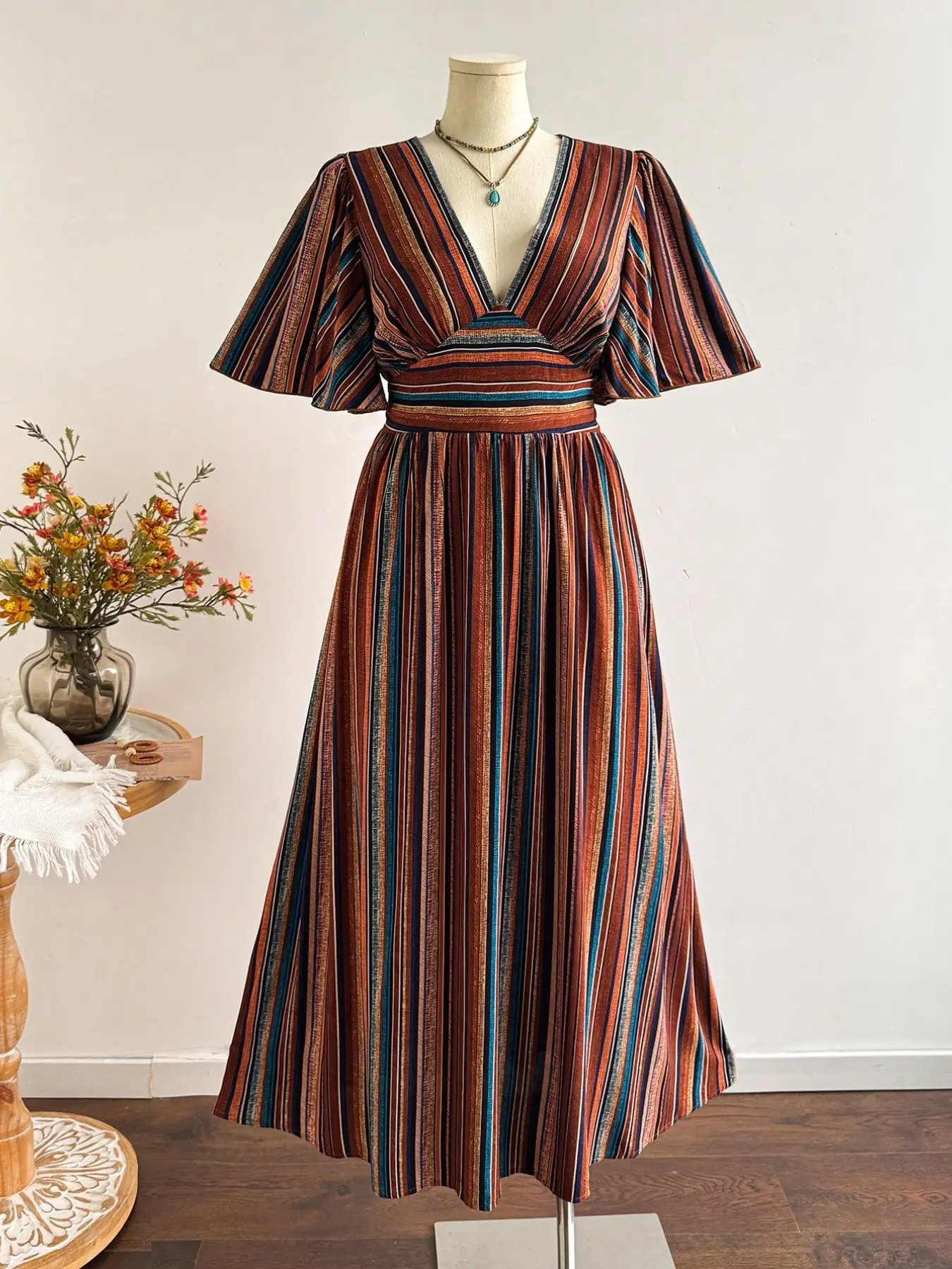 Women's Bohemian Vintage Striped V-Neck Belted Dress, Elegant Holiday Casual Dress, Stylish and Comfortable Evening Wear, Bohemian Summer Dress, Boho Style Dresses, Boho Vintage Dresses