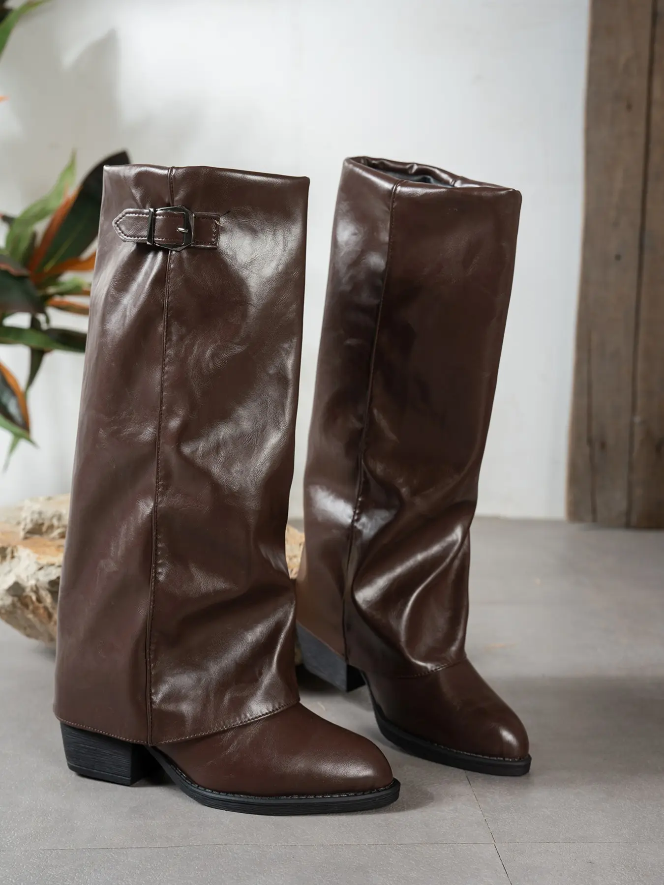 Trendy Fall Winter Wide Leg Above Ankle Boots, Adjustable Side Buckle, PU Leather, Chunky Heel, Western Style, Slimming High Top Women's Fashion Boots