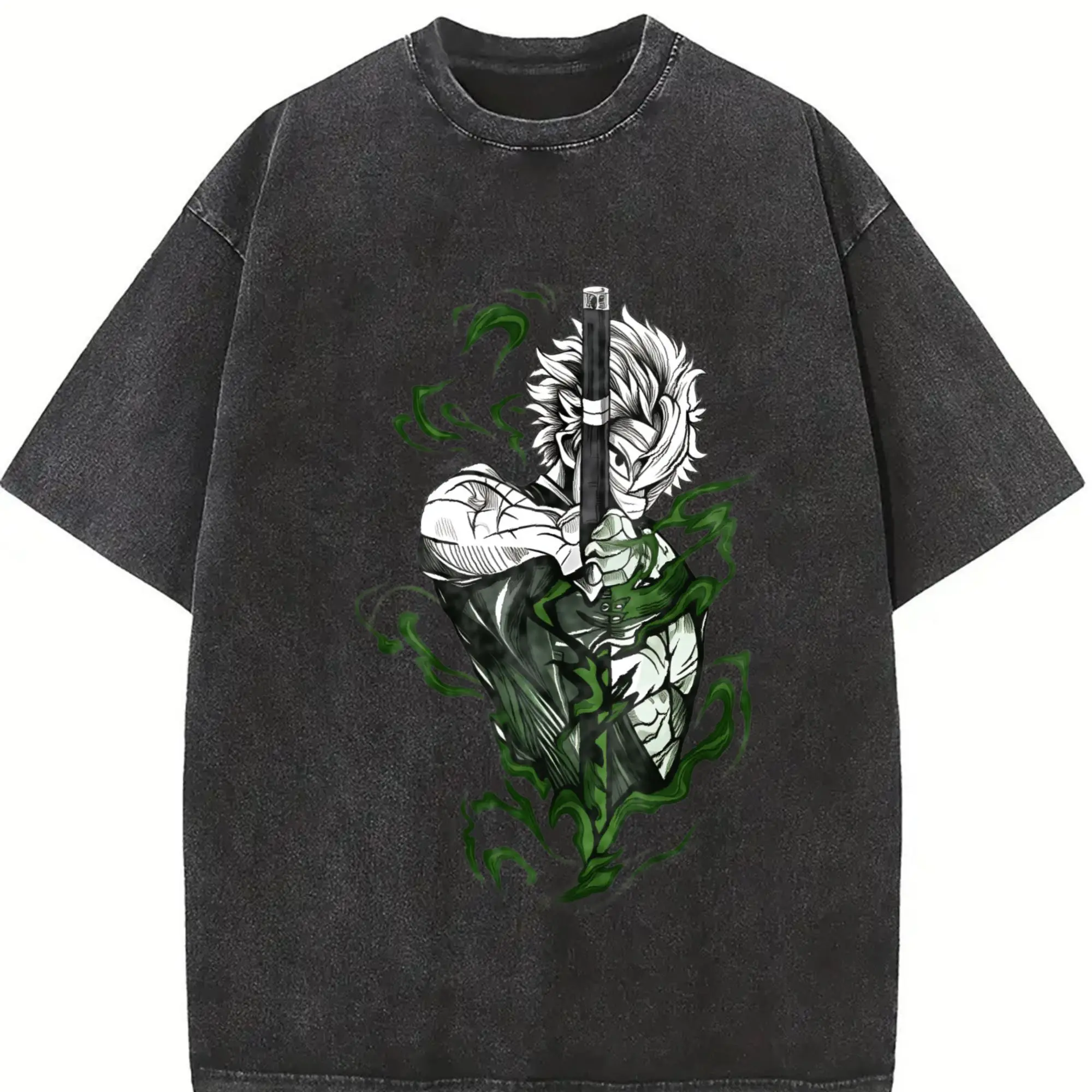 Men's Demon Slayer Shinazugawa Sanemi Wind Hashira v2 Round Neck Loose Fit Short-Sleeve Tshirt, Double Printed Acid Washed Distressed Unisex Graphic Tee, Anime Element Streetwear Casual Top Merch