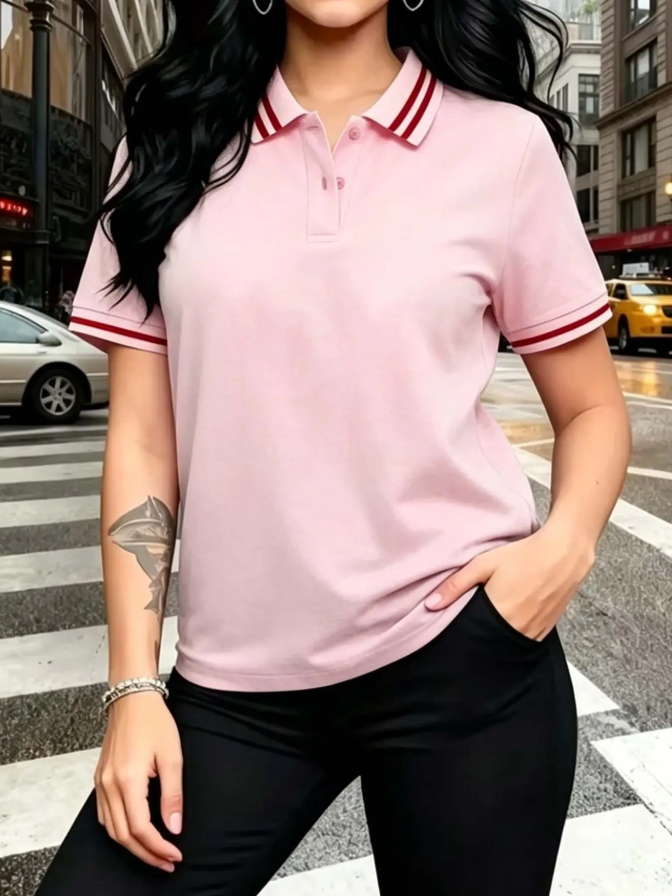 American Vintage Collared Polo Short Sleeve Women's T-Shirt, Casual Slim-Fit Knitted Top, Spring Summer Streetwear, Music Festival