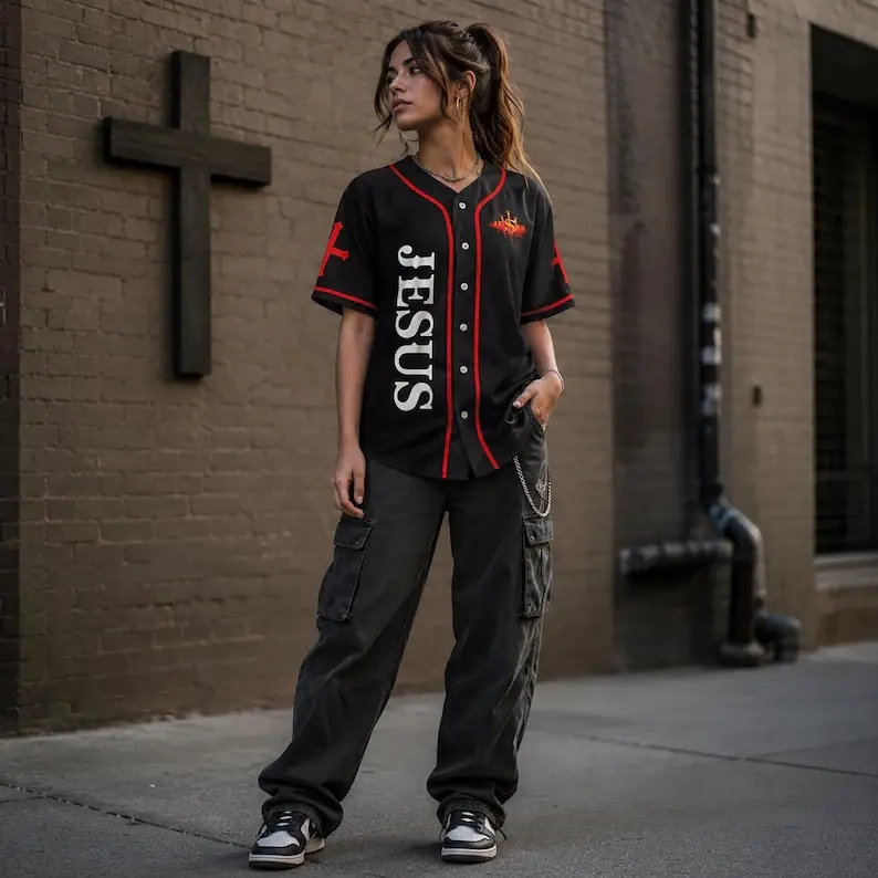 Christian Faith Baseball Jersey, Jesus Cross Lion Of Judah Lightning Graphic Button Up Shirt, Black With Red Piping Short Sleeve Button Down Shirt,  Religious Streetwear Top For Men Women Church Worship Daily Casual Outfit #   TikTokMadeMeBuyIt #   TikTok