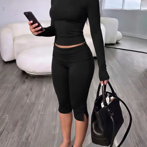 Women's Minimalist European Style Two-Piece Set, Round Neck Long Sleeve Crop Top and High-Waisted Split 7/8 Length Pants, Comfortable, Stylish and Fit