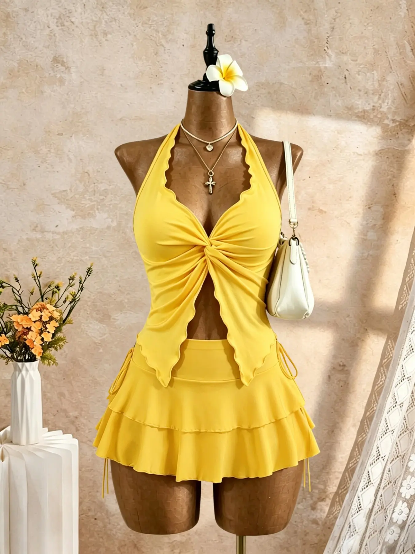 Women's Ruffle Wave Trim Halter Knot Cutout Tank Top + High Waist Layered Short Skirt Set, Chic Summer Beach Pool Party, Casual Chic Set