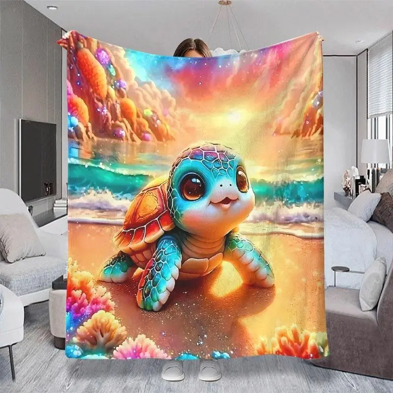2D Flat Printed (Non-3D) Colorful Whimsical Sea Turtle Beach Sunset Print Soft Warm Throw Blanket, Multiple Specifications Available, Cozy Soft Small Nap Blanket for Couch, Office Rest, Bedroom & Daily Casual Use