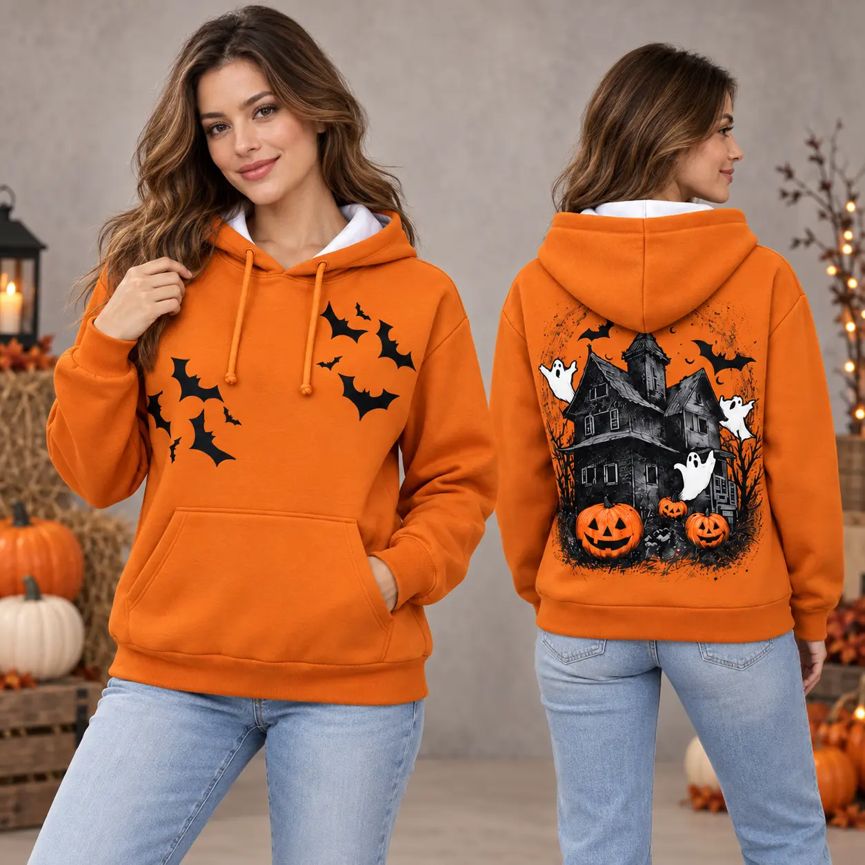 Vintage Haunted House Hoodie - Spooky Ghost  Hoodies, Halloween Crewneck Sweatshirt for Men-Women, Sports Outdoor Party Jacket