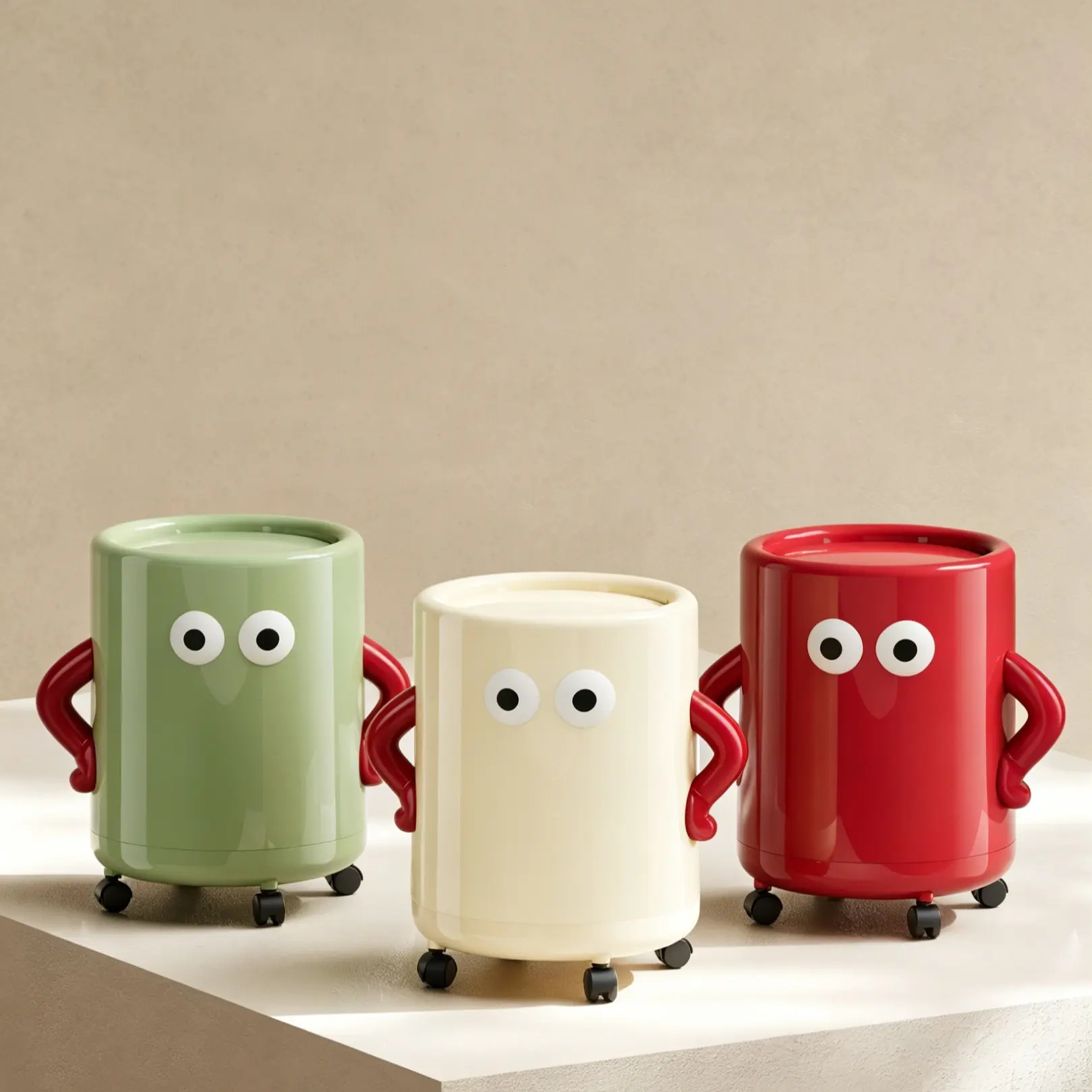 Cute Cartoon Trash Can with Lid, High Aesthetic Value, Mobile with Wheels, Suitable for Living Room, Bedroom, Bathroom, Kitchen, Office
