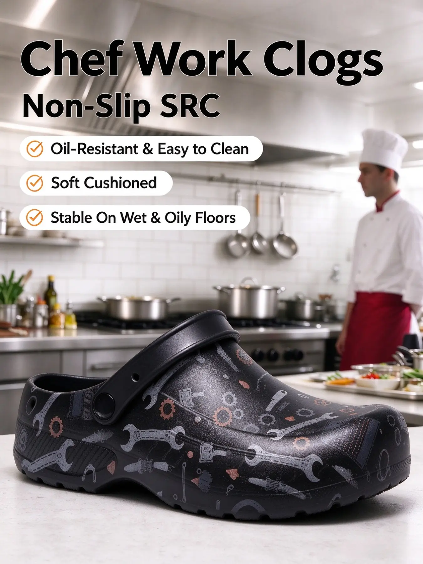 Men's Large Size Chef Print Anti-Slip Clogs, Kitchen Work Shoes, Breathable Oil-Resistant Closed-Toe Clogs, Professional Kitchen Footwear, Eva Antislip Slippers