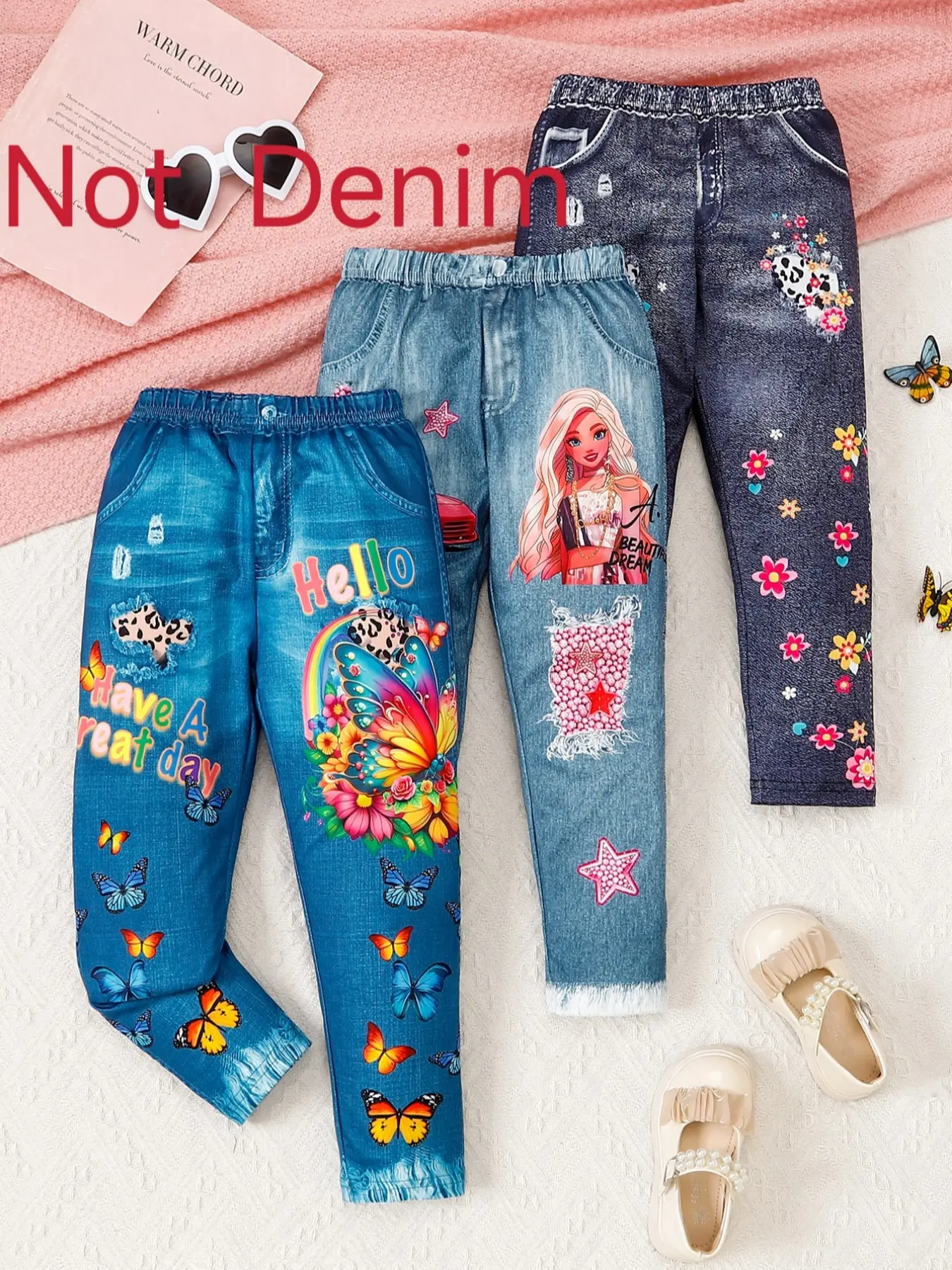 Girls' 3-Pack Stretchy Denim-Look Pants, Butterfly, Cartoon Girls, Cars & Floral Prints, Fun and Playful Design, Easy Pull-On Waistband, Great for Outdoor Bike Riding Adventures Activity, Perfect Princess Gift