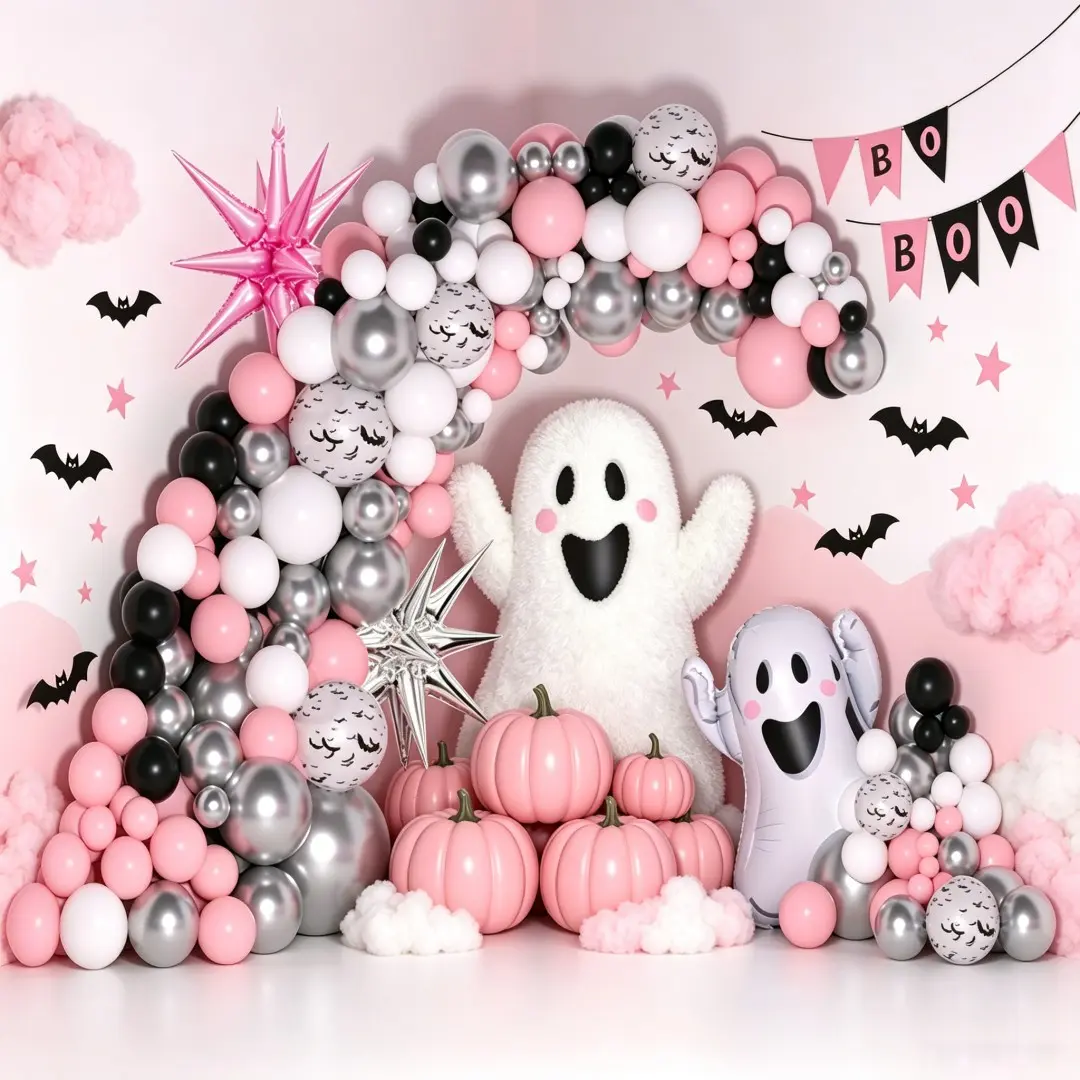 Cute Halloween Balloon Garland Kit 111pcs, Balloon Set, Spooky Ghost Balloons, Silver Color Explosion Star Balloons, Bat Print Latex Arch, Party Decorations