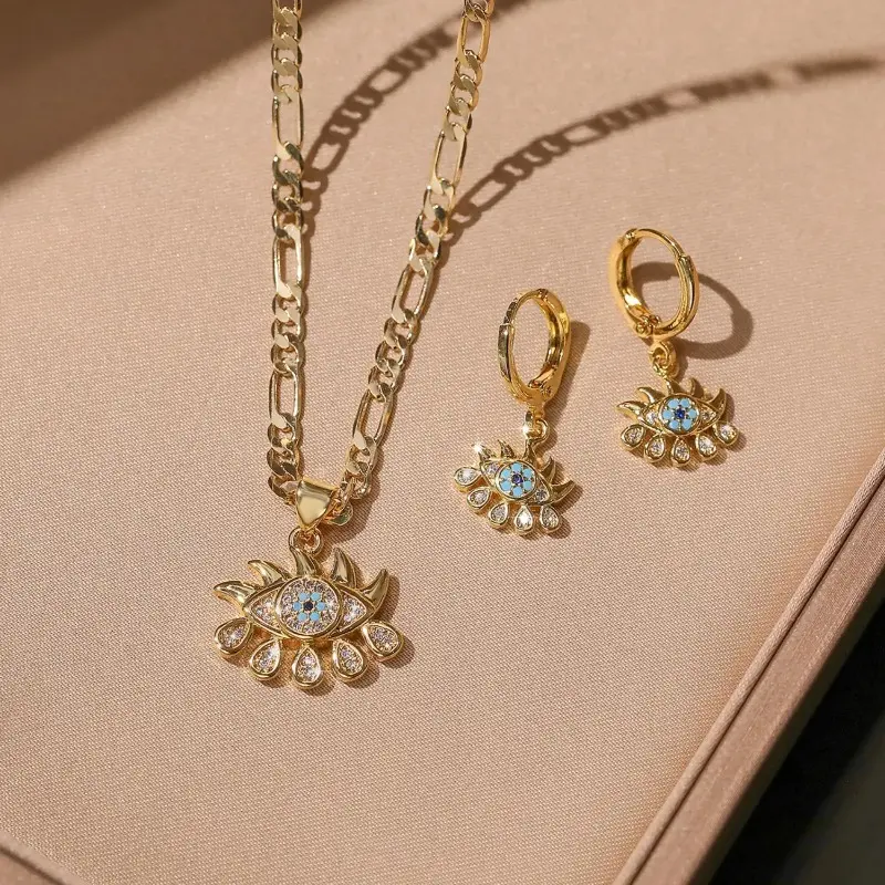 Vintage Micro Pave Zircon Evil Eye Jewelry Set - Matching Pendant Necklace & Hoop Earrings, Funky Baroque-Style Accessory for a Romantic Anniversary or Party, Pvc, Fashion